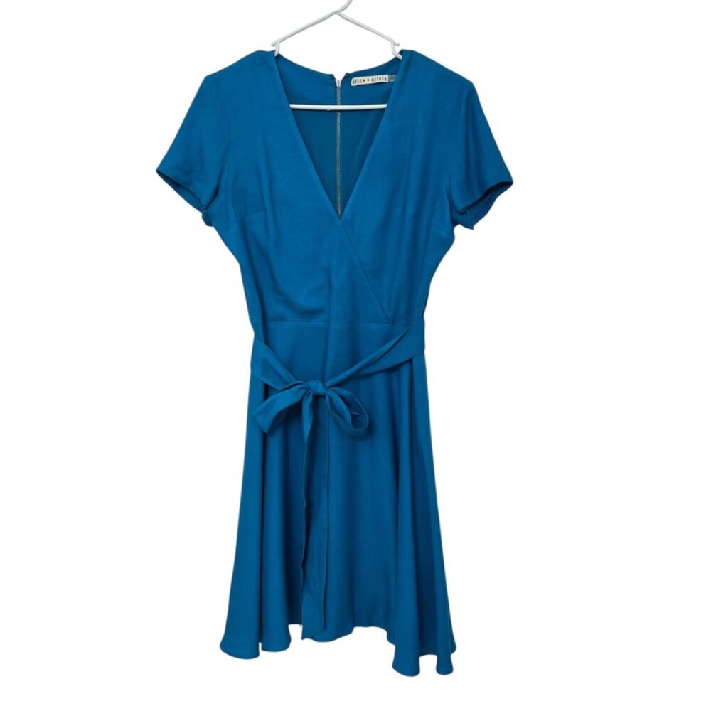 Alice and Olivia Adrianna Short Sleeve Faux Wrap Dress in Turquoise Women's Sz 6 - Picture 3 of 11